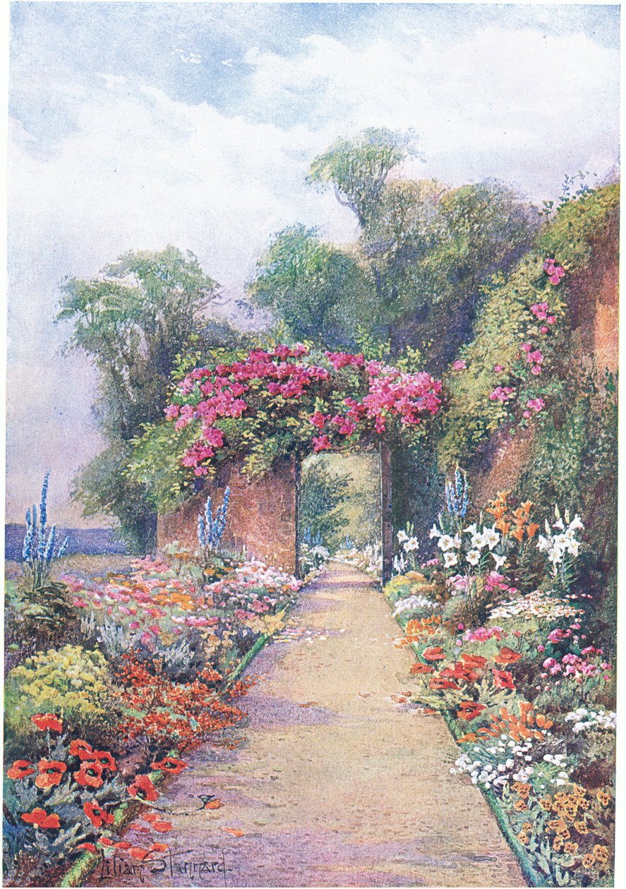 水彩画　英国式庭園　額縁付き　SHO イギリスの庭園からの夏の夜：1907年にThe Studioによって出版された